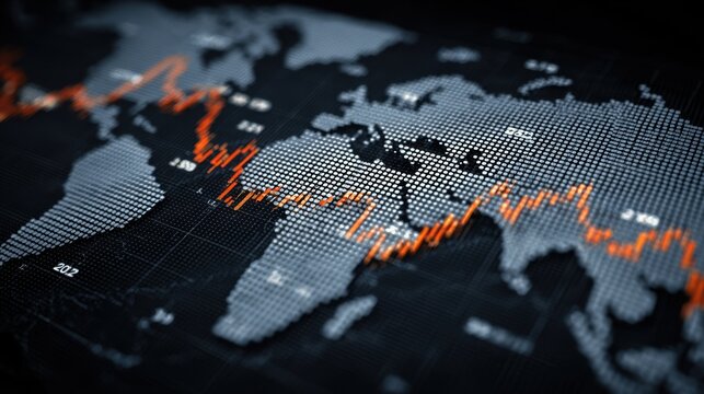 Stock market analysis displayed on world map with fluctuating candlestick chart indicating global finance trends and economic data visualized