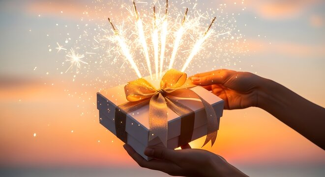 Hands holding a gift box with fireworks at sunset.
