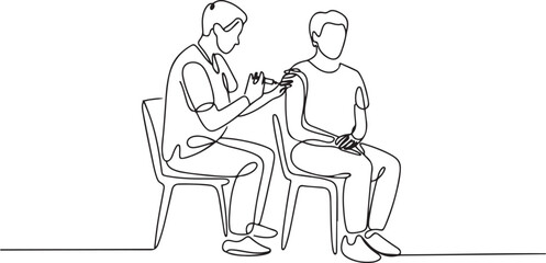 Healthcare professional administers vaccine to patient in line art style. one line Icon drawing with white background