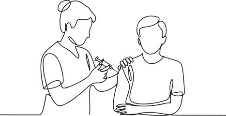Healthcare professional administers vaccine to patient in line art style. one line Icon drawing with white background