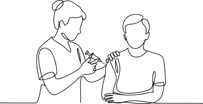 Healthcare professional administers vaccine to patient in line art style. one line Icon drawing with white background