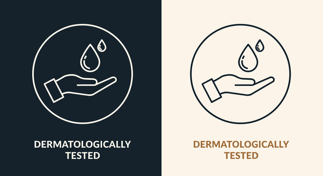 Dermatologically Tested Hand Receiving Pure Water Drop Illustration on Dual Backgrounds, Representing Skincare Efficacy and Gentle Product Assurance, Ideal for Cosmetic Packaging, Healthcare Marketing