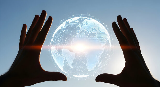 Hands Holding Glowing Digital Earth Globe with Sun Flare. - Powered by Adobe