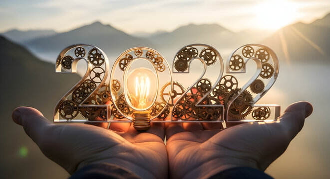 Hands holding illuminated 2022 numbers with gears and lightbulb at sunrise.