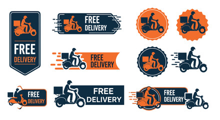 Delivery Scooter Logos Emblems for Business Marketing Promotions Riding Fast: Express Courier Service Icons on Motorbikes, Online Order Shipping, E-commerce, Food Transportation for Website, Advertise