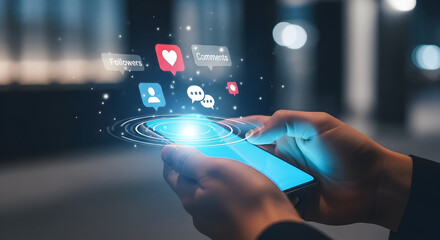 Hands Holding Smartphone Displaying Social Media Icons and Notifications.