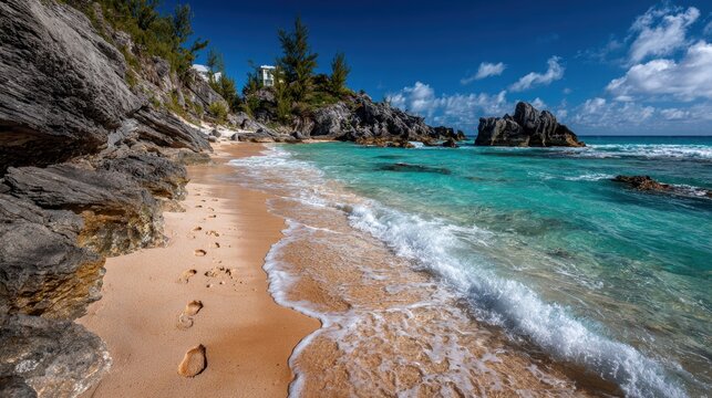 Footprints in the sand along a rocky coast on a sunny day in Bermuda, waves gently rolling onto the pink sand beach creating a serene scene