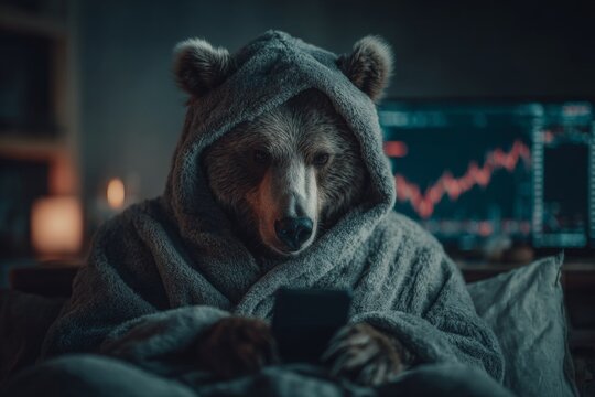 Furry friend's nighttime tech delight. Bear smartphone. The fine line between crypto gains and brutal losses. Bear in dark. Cryptocurrency scams explained.