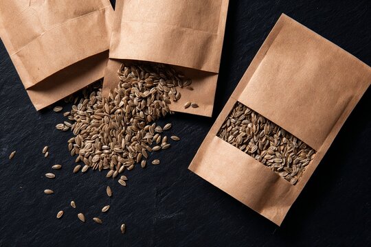 Sunflower seeds in kraft paper packets on black background