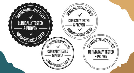 Dermatologically Tested Product Seals Displayed for Skincare Marketing: Clinical Proof, Medical Assurance, Hygiene Standard, Quality Assurance in Cosmetology, Healthcare Graphics, Beauty Icon Set for