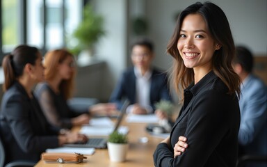 Successful businesswoman attending a corporate networking event with diverse colleagues in a modern office setting. High quality