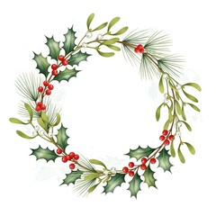 Fototapeta premium Watercolor Holly Mistletoe Christmas Wreath Illustration