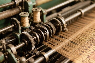 Close-up of a mechanical loom weaving fabric with spools of thread and rotating gears