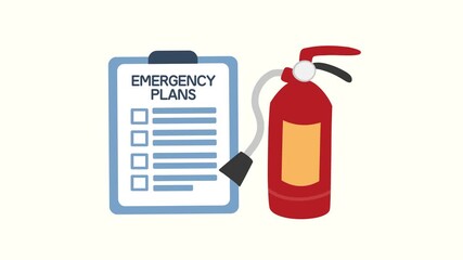 Fire Emergency Plan documents in paper binder. Emergency Plan Book with extinguisher animation and Accident Book for Emergency Plans