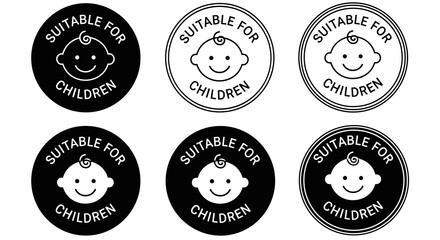 Suitable for Children Icons Set: Black and White Baby Symbol Design for Toy Safety, Education and Healthcare Marketing Materials, Circle Stamp Collection in Vector Format with Smiling Face, Childcare