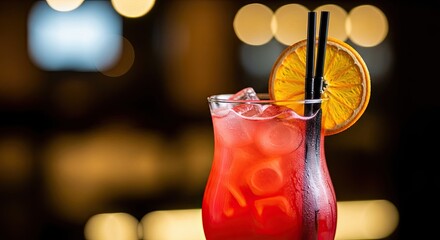 Refreshing Tropical Cocktail with Orange Slice and Straw