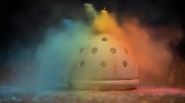 A speckled ceramic object with holes, surrounded by colorful smoke against a dark backdrop