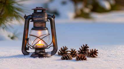 An antique kerosene lantern with a lit candle and fir cones on a fresh blanket of snow.