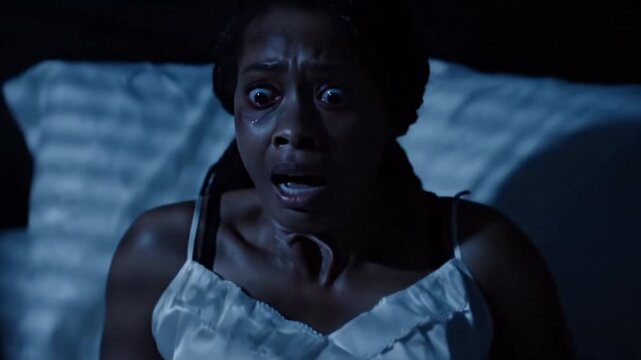Terrified woman in dark room, intense gaze conveying fear, Halloween night suspenseful feel, African-American female adult