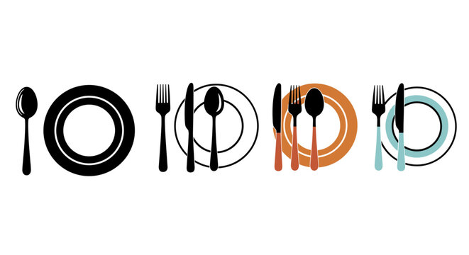 Elegant Place Setting Presentation Illustration: Tableware with Plates, Forks, Spoons, and Knives for Formal Dining Event Invitation Design, Restaurant Menu Template, Catering Service Advertisement wi