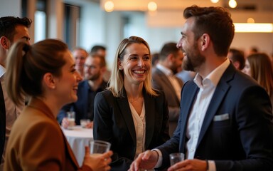 Business professionals interacting and laughing during a lively corporate event. High quality