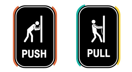 Informational Signs for Door Access Guidance: Push and Pull Instructions for Opening Mechanisms in Commercial Environments, Business and Hospitality Usage with Contrasting Icons for Clear Communicatio