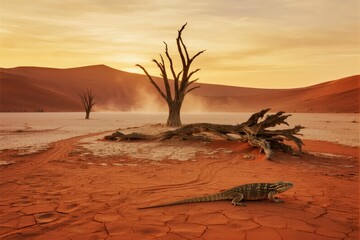 A lizard rests on cracked red earth near a dead tree in a desert landscape at sunset