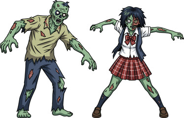 Frightening male zombie and infected schoolgirl zombie illustration set, grotesque undead characters with tattered clothes, for horror games and Halloween graphics.