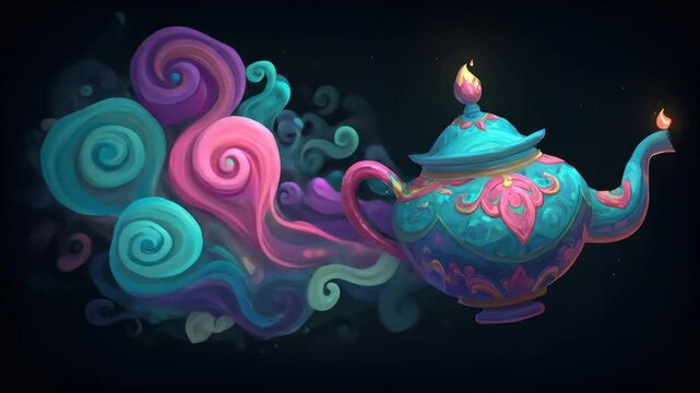 A fantastical, decorative teapot spews colorful, swirling smoke, accented with flames against a dark blue background