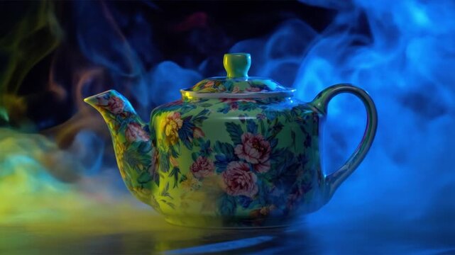 A floral teapot rests amidst colorful smoke, with vibrant blossoms against green and blue tones