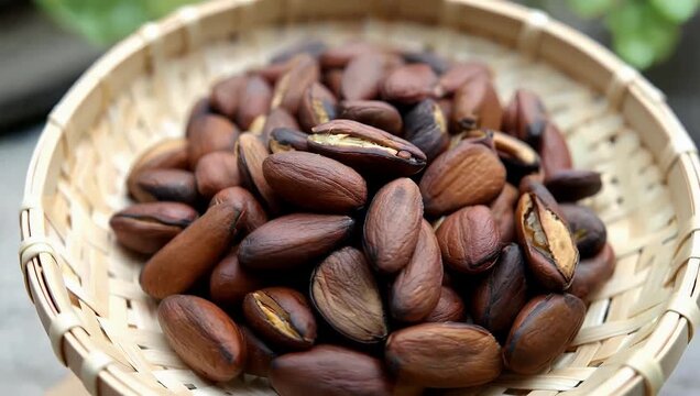Healthy 4K close up rotation top view of large whole organic dried Brazil nuts beautifully arranged inside a rustic rattan bowl promoting this tasty nutty snack as an excellent nutritional source of
