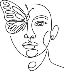 Abstract face with butterfly one line drawing. Portrait minimalistic style. Surreal Faces Continuous line. one line Icon drawing with white background
