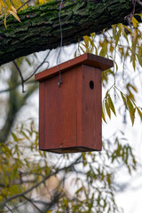 Wooden birdhouse hangs from a tree branch surrounded by autumn leaves in a serene garden setting