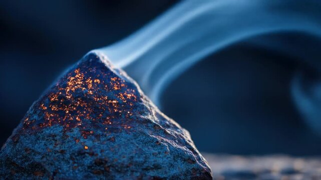 Close-up of a rocky surface with glowing orange flecks against a blurred blue background