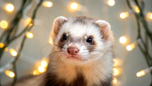 Animal skin in Christmas concept. A ferret poses playfully in front of twinkling lights, showcasing its curious expression.