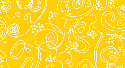 Whimsical Yellow Background with Swirling White Lines and Dot Accents, a playful, decorative abstract graphic design