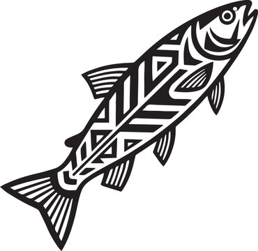 Stylized black and white illustration of a trout  fish with tribal patterns