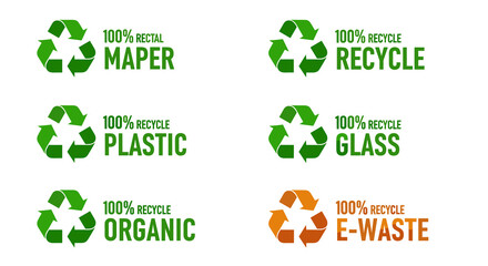 Recycling Symbols Collection: Diverse Eco-Friendly Materials, Circular Economy Concept for Sustainable Practices, Waste Management, Environmental Awareness Campaign Graphics, Green and Orange Design,