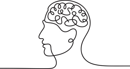 Continuous one line drawing men head and brain inside. The concept of thinking ideas inside the person's head. one line Icon drawing with white background