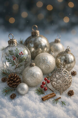 Elegant Silver Christmas Ornaments and Pinecones in Winter Snow Background