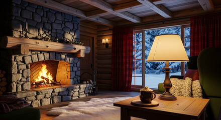 Cozy Cabin Scene: Warmth radiates from a crackling fireplace in a charming cabin, creating a haven of comfort and tranquility.