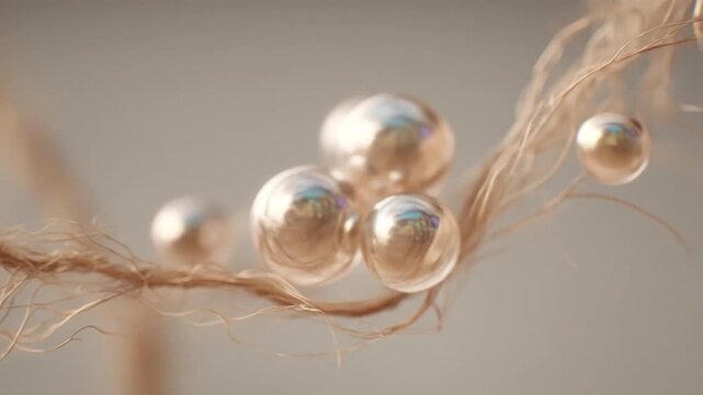 A close-up shot of several shiny, translucent orbs strung on delicate, brown strands against a light backdrop