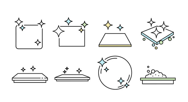 Fresh & Sparkling Cleaning Surfaces Icon Set: Depicting Cleanliness & Hygiene for Home, Business & Healthcare, Emphasizing Purity, Modern Design & Efficiency in Cleaning Services & Products,Ideal for