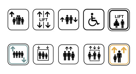 Elevator Signage Compilation: Indicating Lift Access and Direction for Passengers in Buildings, Office Spaces, and Public Areas Using Clear Symbols for Accessibility and Navigation, a Versatile Graphi