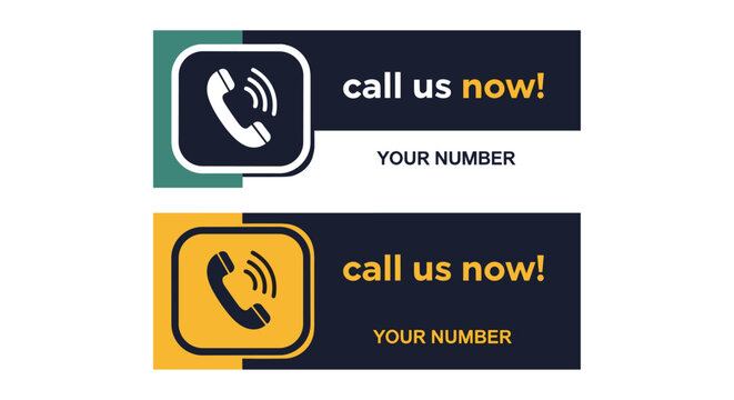Modern Call Us Now Communication Banners for Business Support: Contact Information Templates for Customer Service, Featuring a Phone Icon, Available in Green and Yellow, Ideal for Marketing, Advertisi