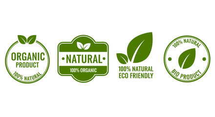 Green Organic and Natural Product Labels Promoting Sustainable Practices, Eco-Friendly Initiatives, and Bio-Products on White Background Illustrating Environmental Awareness and Healthy Lifestyle Choi