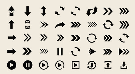 Collection of black arrows and direction icons in various shapes and styles for navigation and
