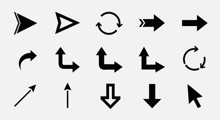 Collection of Black Arrows Pointing in Various Directions on a White Background