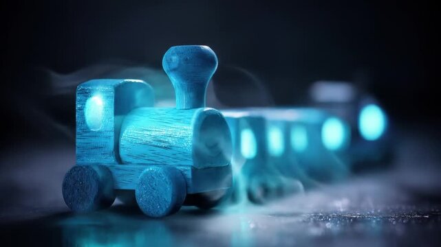 A close-up shot of a toy train, radiating a soft blue glow, emitting white smoke against dark background