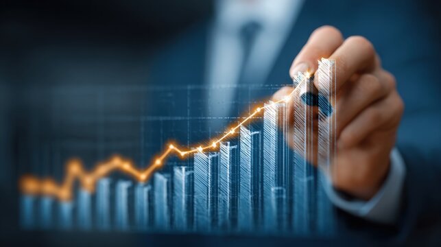 Businessman points at growing financial graph showing progress and investment data, strategy and planning on a blue background
